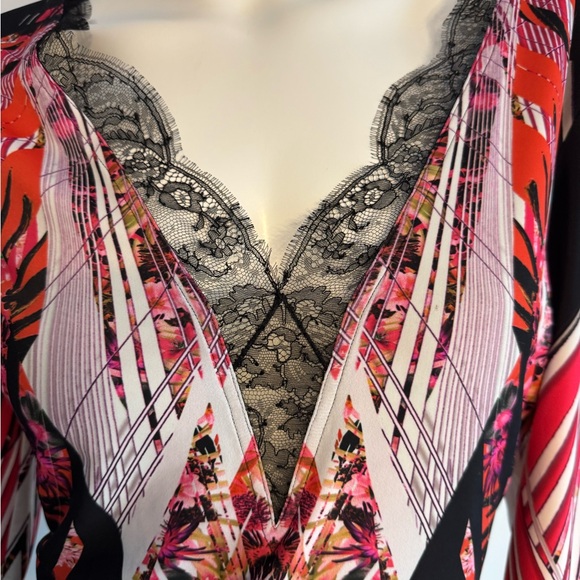Roberto Cavalli Multicolor Pink & Black Lace-Trim V-Neck Top - Picture 2 of 8